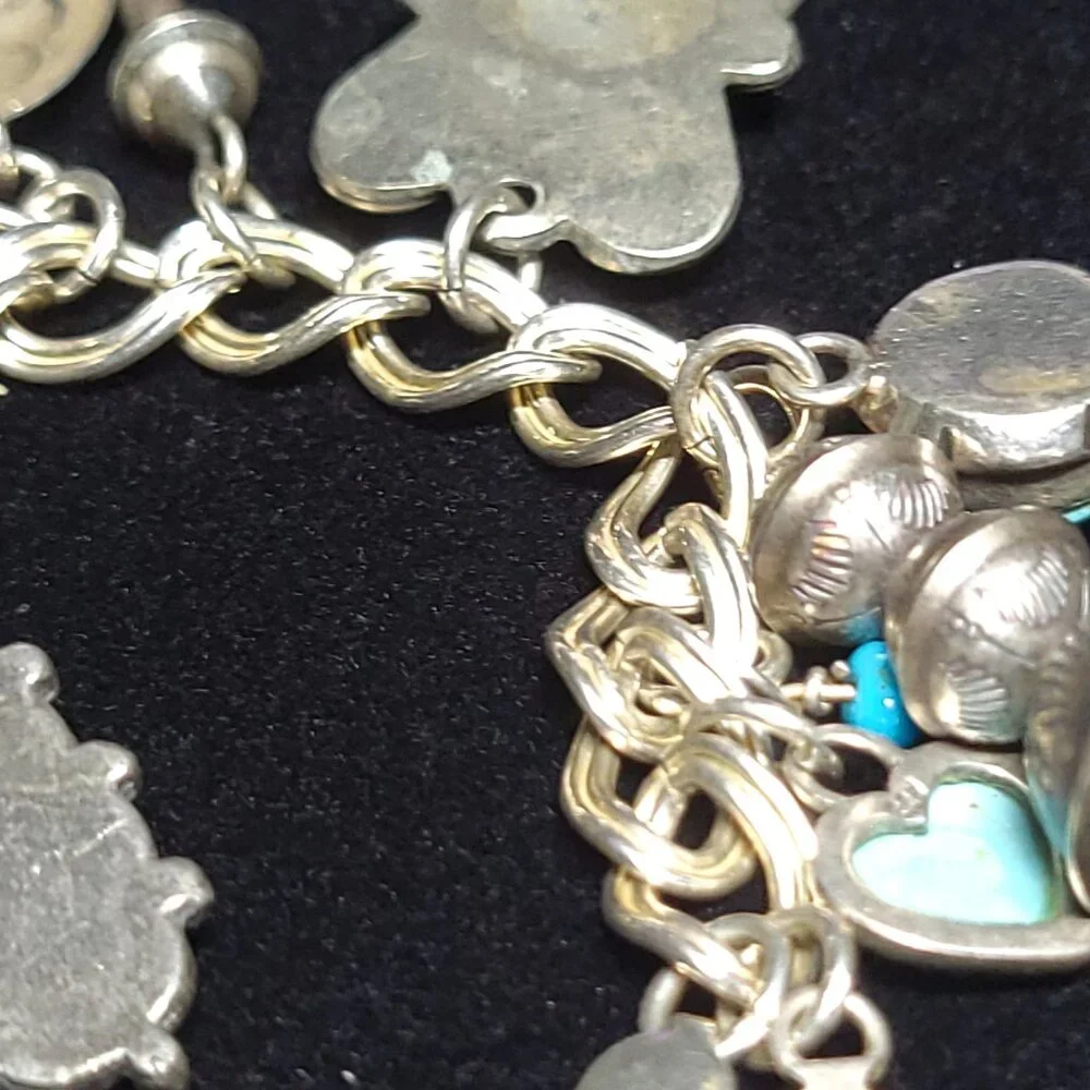 NAVAJO, HOPI, ZUNI & PAWN Turquoise Spiny Oyster, Lapis, Coral CHARM BRACELET - Picture 8 of 12